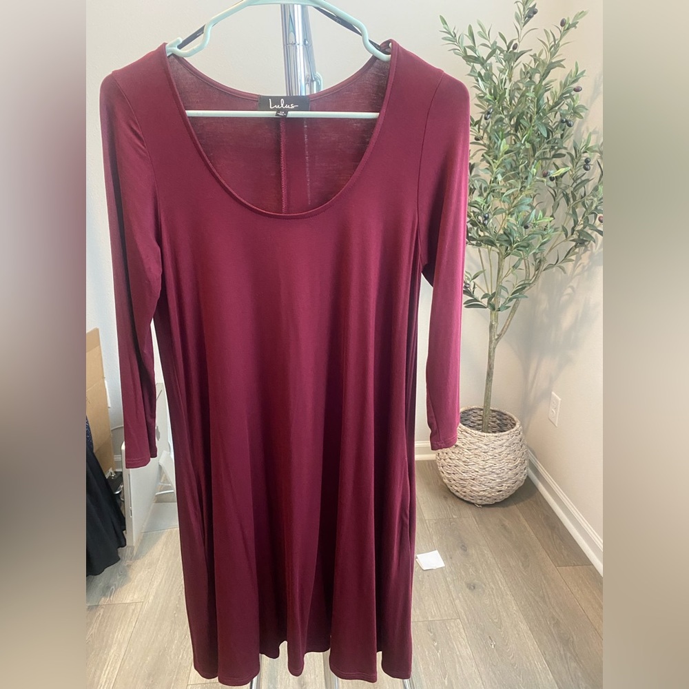 Lulus Maroon Dress with Sleeves and Pockets